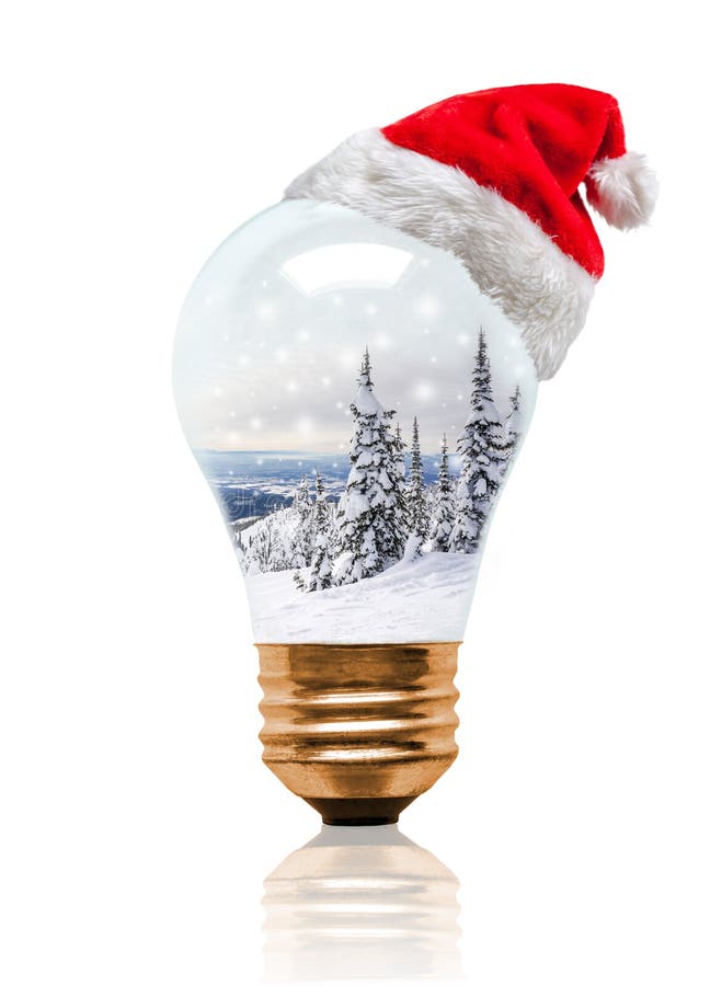 圣诞节雪地球电灯泡与圣诞老人帽子的冬天场面