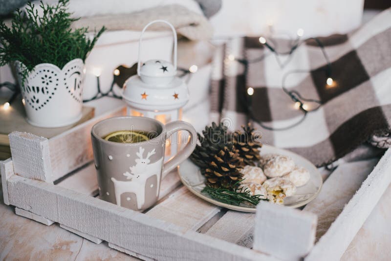 Christmas still life with hot tea in pretty mug with deers, christmas lights, cones and fresh cookies. Christmas still life with hot tea in pretty mug with deers, christmas lights, cones and fresh cookies