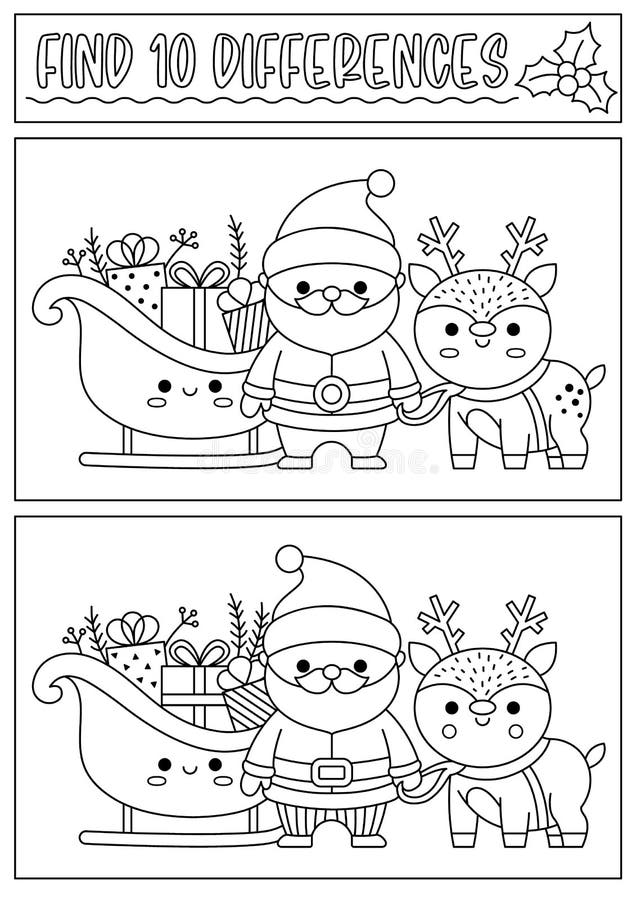 圣诞黑人和白人在儿童中寻找差异游戏. 与可爱的圣诞老人雪橇鹿一起注意技巧. 新建 库存例证