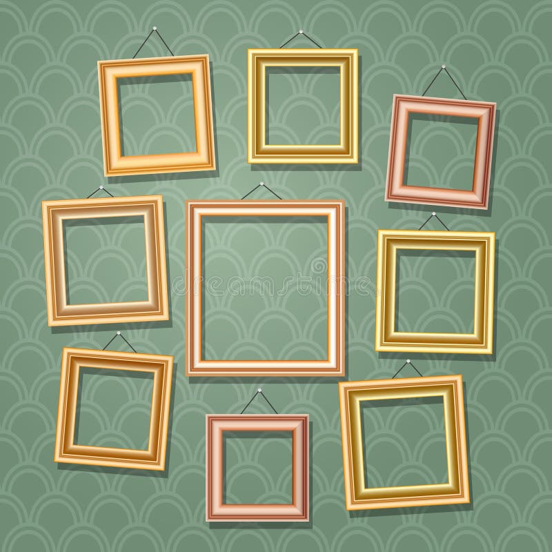 Empty cartoon photo frames on green wall. Retro wooden picture frame set vector illustration. Rectangle frame hanging on nail in museum. Empty cartoon photo frames on green wall. Retro wooden picture frame set vector illustration. Rectangle frame hanging on nail in museum