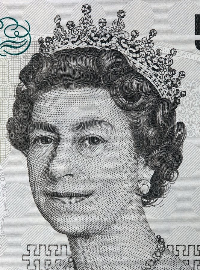 Queen Elizabeth II portrait on 5 pound sterling banknote. British currency. Queen Elizabeth II portrait on 5 pound sterling banknote. British currency