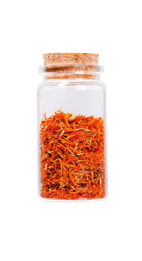 在一个玻璃瓶的番红花雄芯花蕊有黄柏的防止,隔绝 库存照片 在一个玻璃瓶的番红花雄芯花蕊有黄柏的防止,隔绝 库存照片