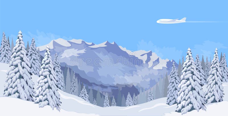 在一个蓝天雪山冬天风景的飞机飞行 杉树森林背景旅行横幅模板传染媒介 向量例证 在一个蓝天雪山冬天风景的飞机飞行 杉树森林背景旅行横幅模板传染媒介 向量例证