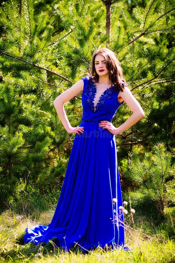 在一件礼服的美好的时装模特儿在一个绿色公园在夏天 蓝色礼服maike