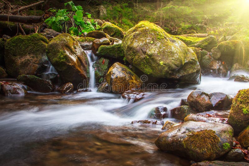 Beautiful landscape rapids on a mountains river in sunlight. Filtered image: colorful effect. Beautiful landscape rapids on a mountains river in sunlight. Filtered image: colorful effect.