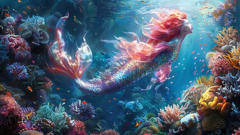 在一片充满生命的珊瑚礁中，一条美人鱼栖息在一片昏暗的鳞片中