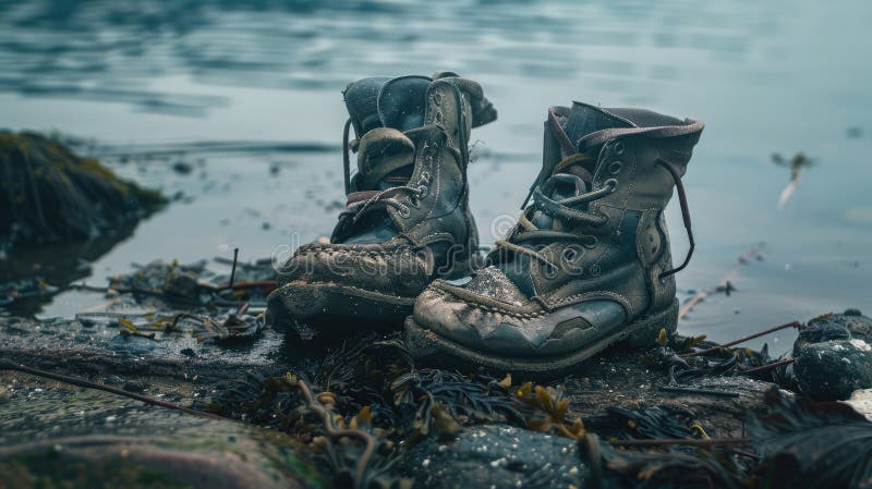 A pair of boots is drifting in the fluid water, surrounded by natural landscapes of soil, plants, trees, and rocks. It seems like a mysterious event AIG50 AI generated. A pair of boots is drifting in the fluid water, surrounded by natural landscapes of soil, plants, trees, and rocks. It seems like a mysterious event AIG50 AI generated