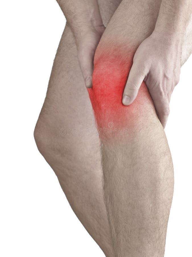 Acute pain in a man knee. Male holding hand to spot of knee-aches. Concept photo with Color Enhanced blue skin with read spot indicating location of the pain. Isolation on a white background. Acute pain in a man knee. Male holding hand to spot of knee-aches. Concept photo with Color Enhanced blue skin with read spot indicating location of the pain. Isolation on a white background.