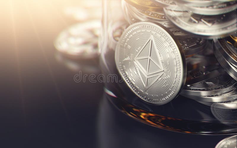 在充分瓶子的Ethereum银币其他cryptocurrencies和拷贝空间在左边 保持cryptocurrencies安全 3D renderin 库存例证 在充分瓶子的Ethereum银币其他cryptocurrencies和拷贝空间在左边 保持cryptocurrencies安全 3D renderin 库存例证