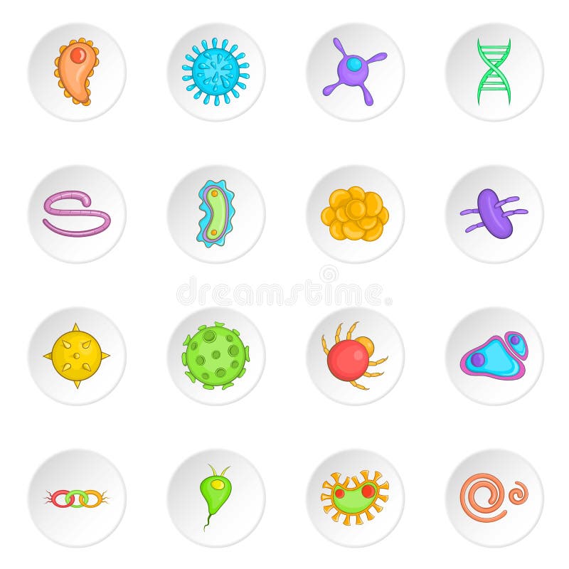 Virus icons set in cartoon style. Biology microorganisms set collection vector illustration. Virus icons set in cartoon style. Biology microorganisms set collection vector illustration