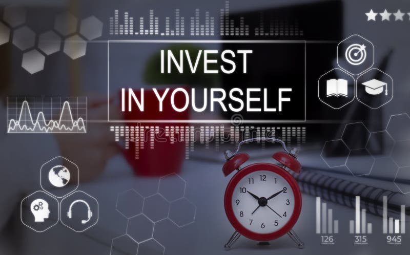 Invest In Yourself Phrase Over Background With Clock Standing On Work Desk. Education And Self-Development Collage. Invest In Yourself Phrase Over Background With Clock Standing On Work Desk. Education And Self-Development Collage