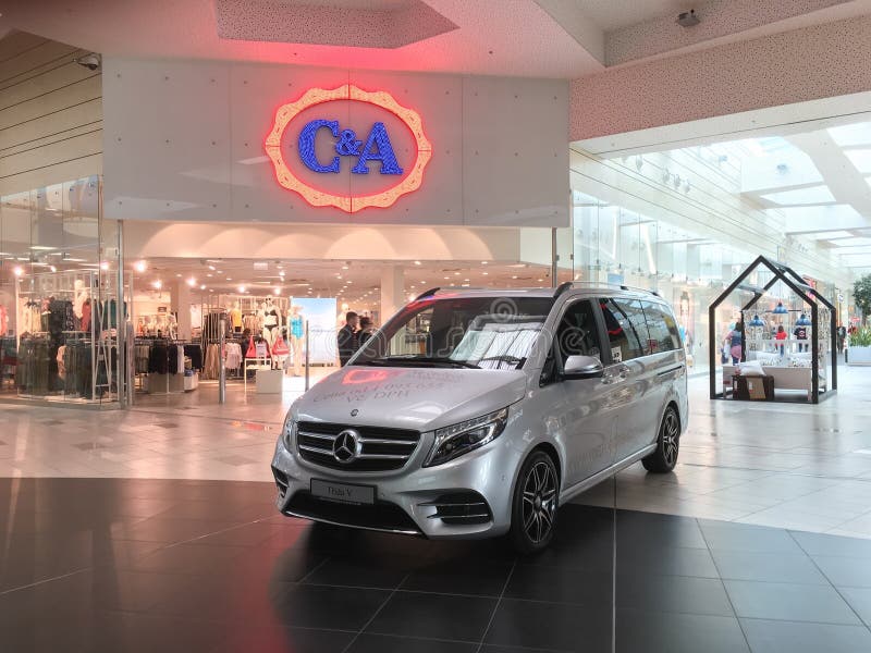 OSTRAVA, CZECH REPUBLIC - MAY 15, 2017: Mercedes-Benz V-Class presented in shopping mall in front other shops. OSTRAVA, CZECH REPUBLIC - MAY 15, 2017: Mercedes-Benz V-Class presented in shopping mall in front other shops