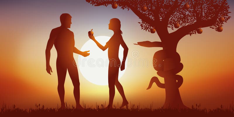 在嘎吱嘎吱的苹果时,亚当和夏娃对上帝创造人的神话库存照片 在嘎吱嘎吱的苹果时,亚当和夏娃对上帝创造人的神话库存照片