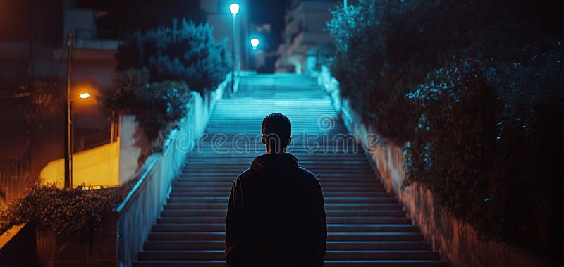 戏剧性的夜间镜头,一个穿着连帽衫的男子站在城市环境中被照亮的楼梯底部。暖光和冷光 库存例证
