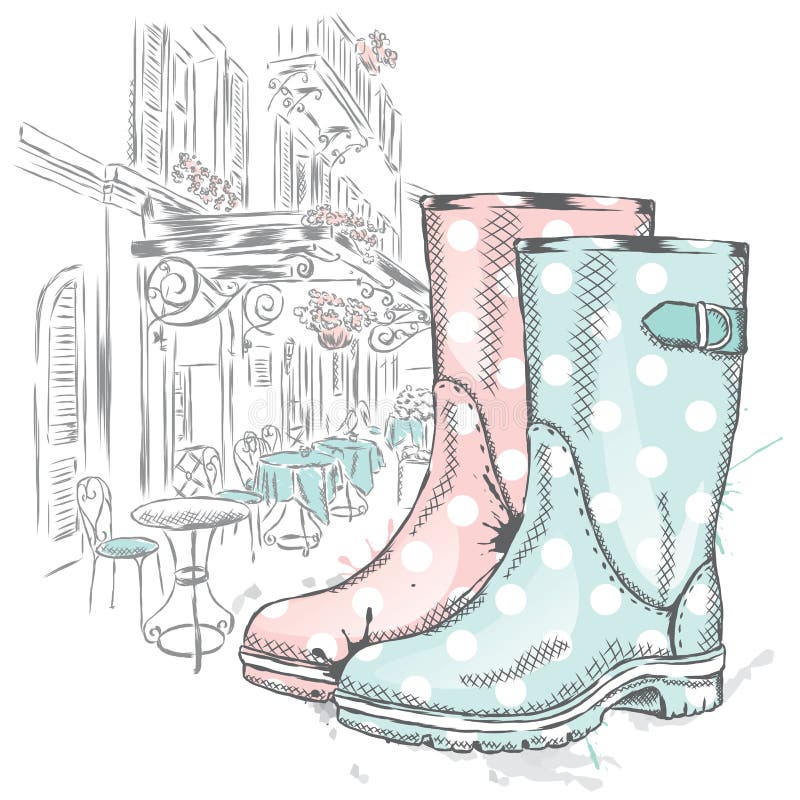 Rubber boots on a background of a city street. Vector illustration for greeting card, poster, or print on clothes. Fashion & Style. Vintage drawing. Rubber boots on a background of a city street. Vector illustration for greeting card, poster, or print on clothes. Fashion & Style. Vintage drawing.