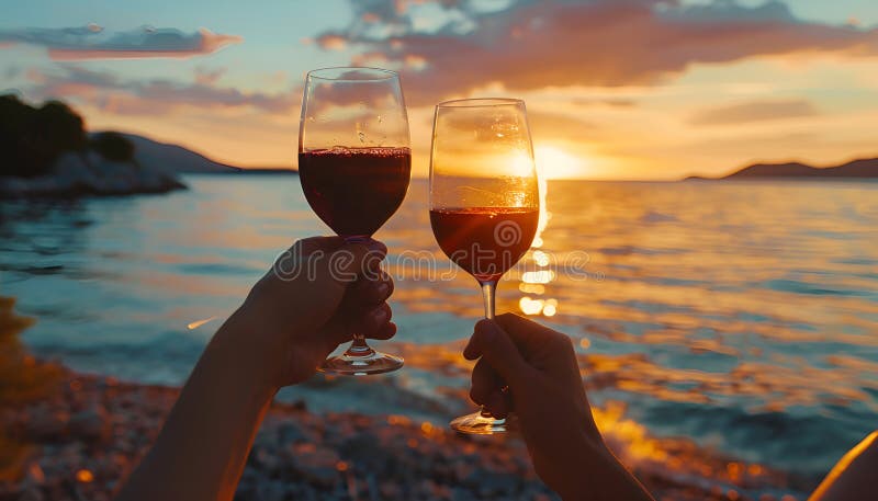 在夕阳庆典的浪漫夜晚,手举红酒杯在海滩上的特写 向量例证
