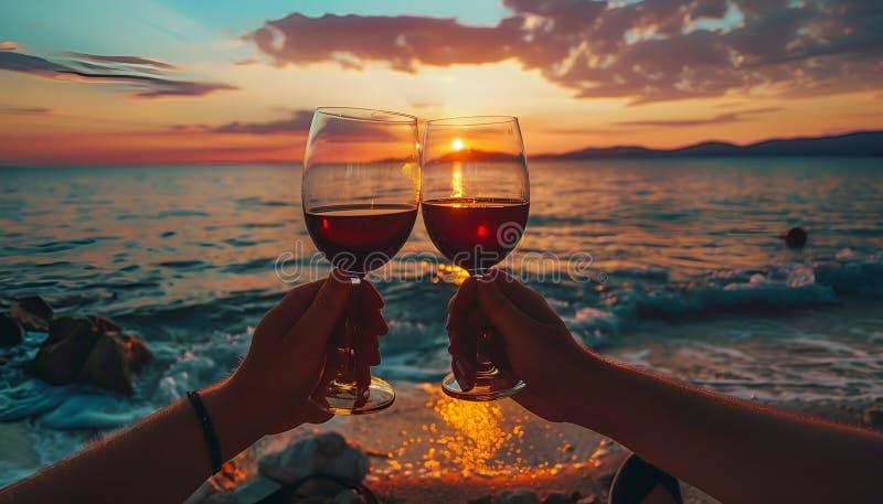 在夕阳庆典的浪漫夜晚，手举红酒杯在海滩上的特写 皇族释放例证
