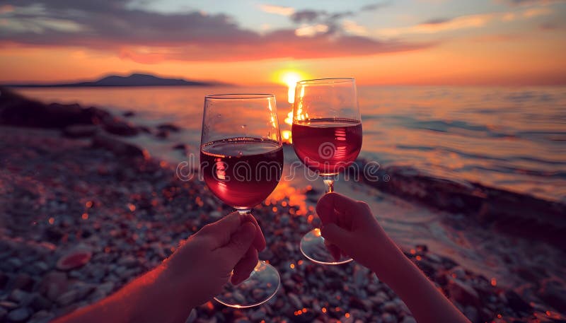 在夕阳庆典的浪漫夜晚，手举红酒杯在海滩上的特写 皇族释放例证