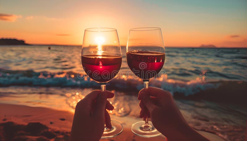 在夕阳庆典的浪漫夜晚，手举红酒杯在海滩上的特写 皇族释放例证