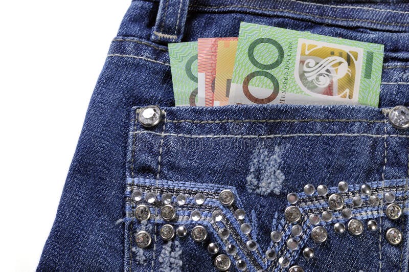在夫人牛仔裤后面痘疱的澳大利亚金钱有拷贝空间的