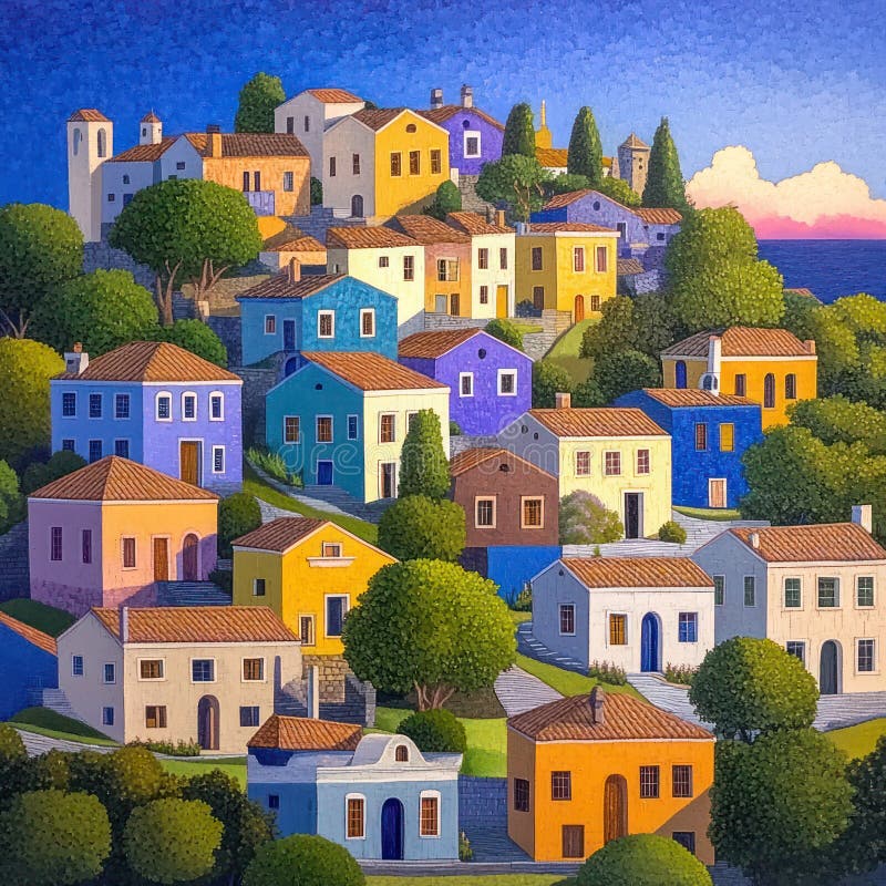 在宁静的天空下风景如画的村庄中充满活力的家 免版税库存照片