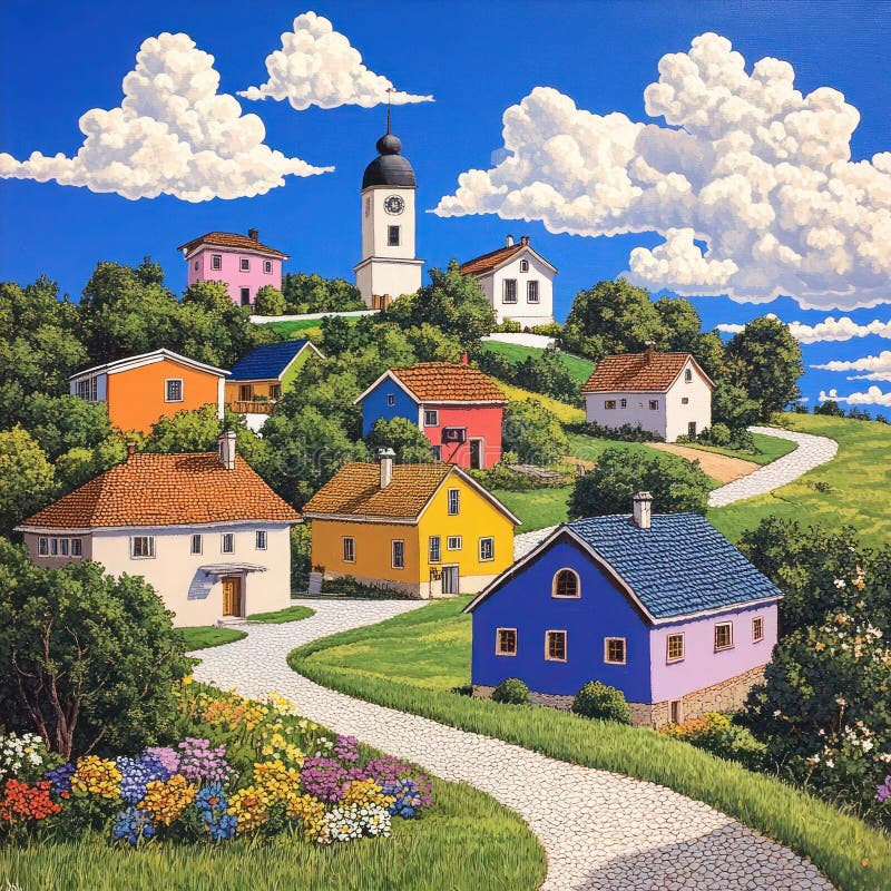 在宁静的天空下风景如画的村庄中充满活力的家 图库摄影