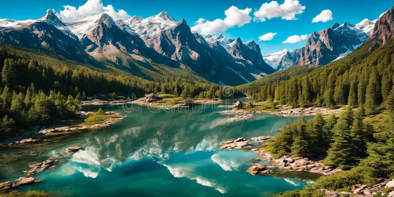 在宁静的山林中徒步旅行，抵达被高树和雄伟的山峰所环绕的宁静湖泊 免版税库存图片