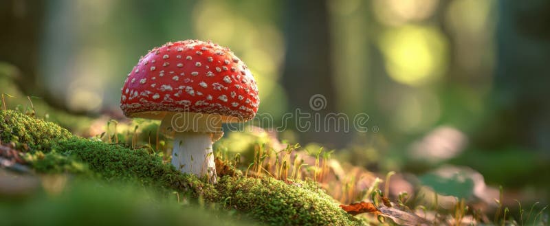 在宁静的森林环境中，鲜活的红蘑菇站了出来. AI生成的图像 免版税库存照片