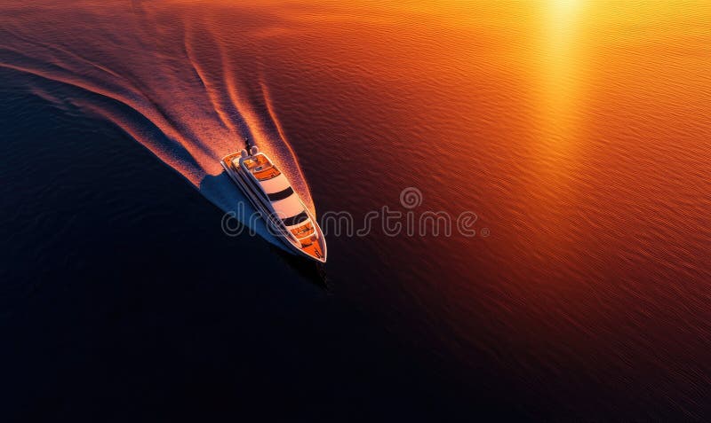 在宁静的海水中航行的豪华游艇在夕阳中的空中景色，在海洋中产生了美丽的涟漪 皇族释放例证