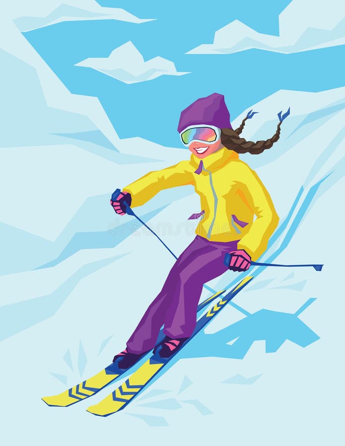 在山的年轻活跃妇女滑雪 皇族释放例证
