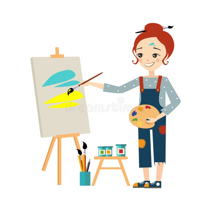 Beautiful artist woman painting on canvas illustration. Beautiful artist woman painting on canvas illustration