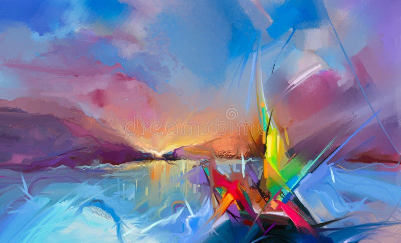 色彩鲜艳的油画，画布材质。半抽象的海景画，带有阳光背景库存例证