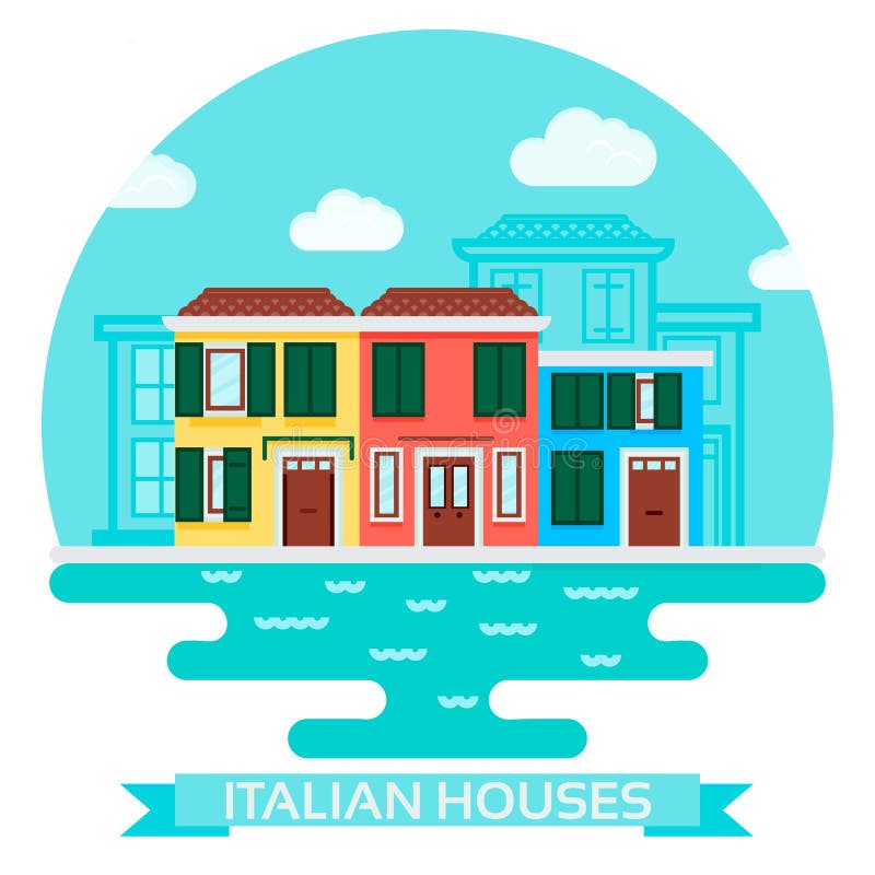 Vector Illustration of an italian houses near water in flat style. Travel and tourism, visit Italy. Vector Illustration of an italian houses near water in flat style. Travel and tourism, visit Italy