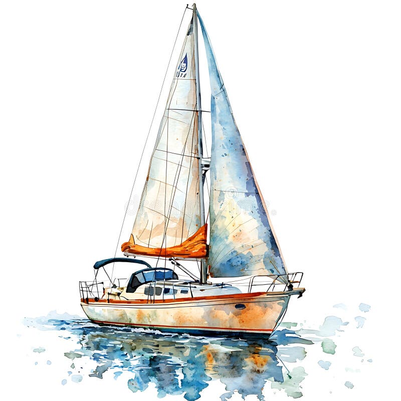 在平静的水上绘制帆船的水彩画帆船帆帆帆帆风雅如的风景如画库存例证