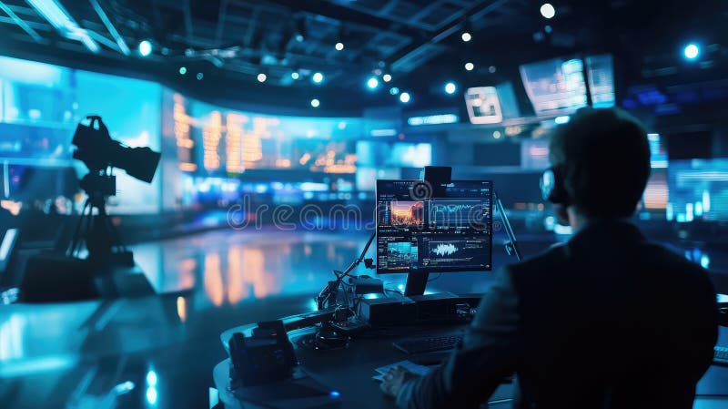 工程师在广播工作室控制室工作 库存图片