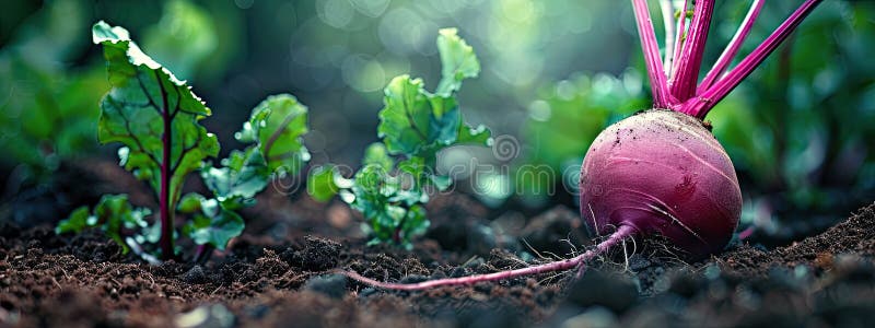 beetroot growing on the bed close-up. AI generated. beetroot growing on the bed close-up. AI generated