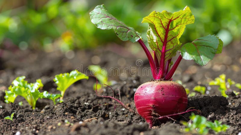 beetroot growing on the bed close-up. AI generated. beetroot growing on the bed close-up. AI generated