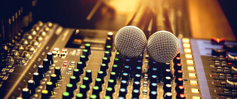 在录音室中关闭麦克风和声音混音器以录制声音 免版税库存照片