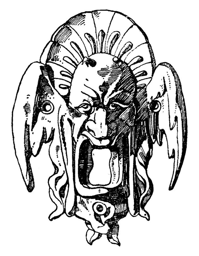 Melting Grotesque Mask has an escutcheon design of a lock during the German Renaissance, vintage line drawing or engraving illustration. Melting Grotesque Mask has an escutcheon design of a lock during the German Renaissance, vintage line drawing or engraving illustration