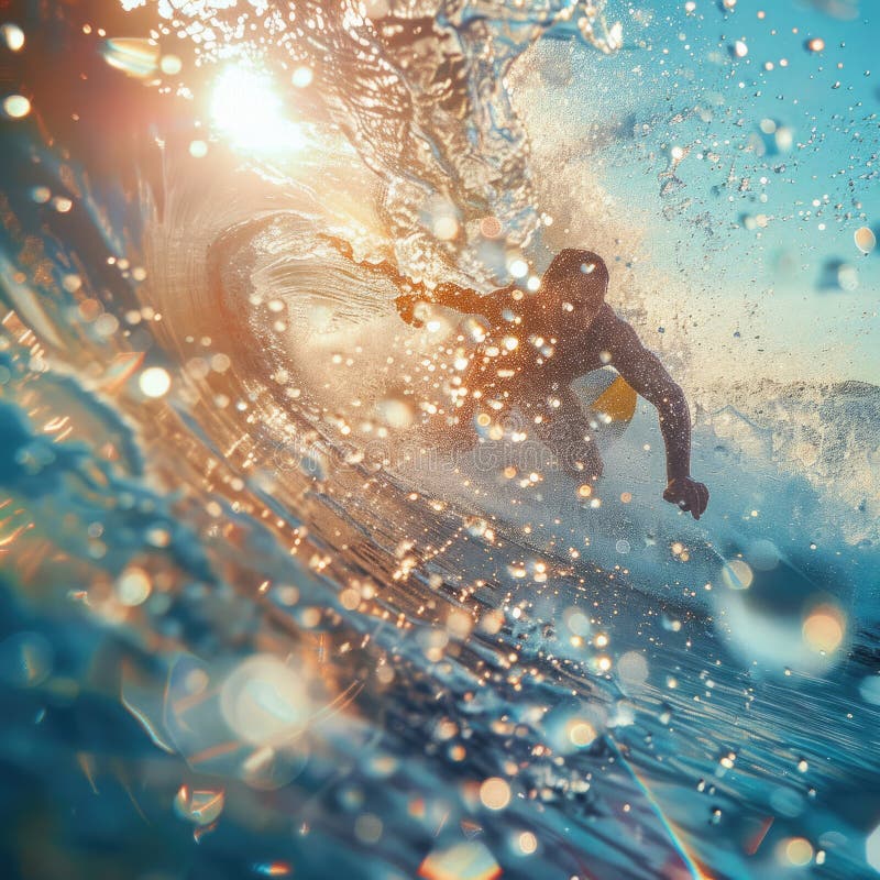 A person is happily riding a wave on a surfboard in the liquid world of the ocean, surrounded by the vast sky and majestic astronomical objects AIG50 AI generated. A person is happily riding a wave on a surfboard in the liquid world of the ocean, surrounded by the vast sky and majestic astronomical objects AIG50 AI generated