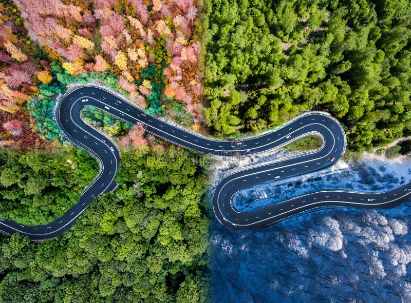 在所有四个季节的弯曲道路 一个弯曲的高速公路低谷的鸟瞰图森林综合寄生虫车行道图象 免版税库存图片 在所有四个季节的弯曲道路 一个弯曲的高速公路低谷的鸟瞰图森林综合寄生虫车行道图象 免版税库存图片