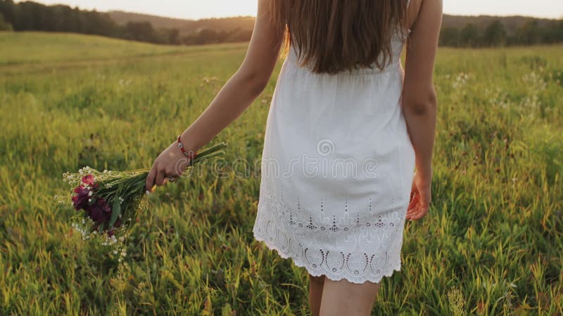 在手中去的妇女慢在与花花束的领域在夏天晚上 走在草甸的女孩