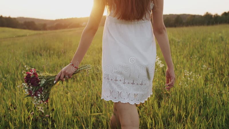 在手中去的妇女慢在与野花花束的乡下领域  走在草甸的女孩