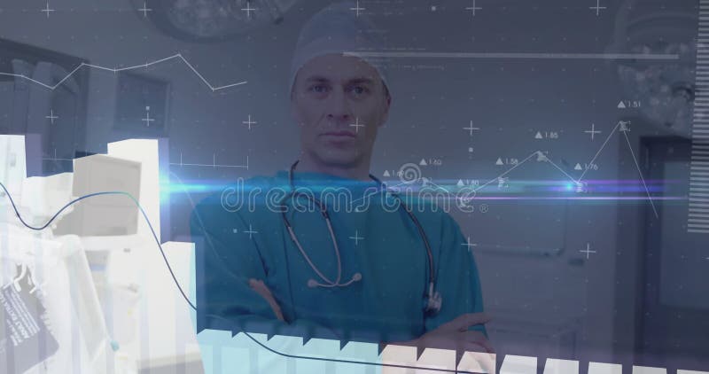 在手术室中与听诊器一起站立的男性医生显示动画线图 股票录像