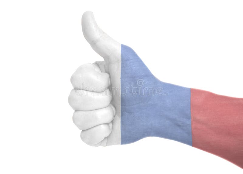 Russian flag painted on hand showing thumbs up isolated white background. Russian flag painted on hand showing thumbs up isolated white background