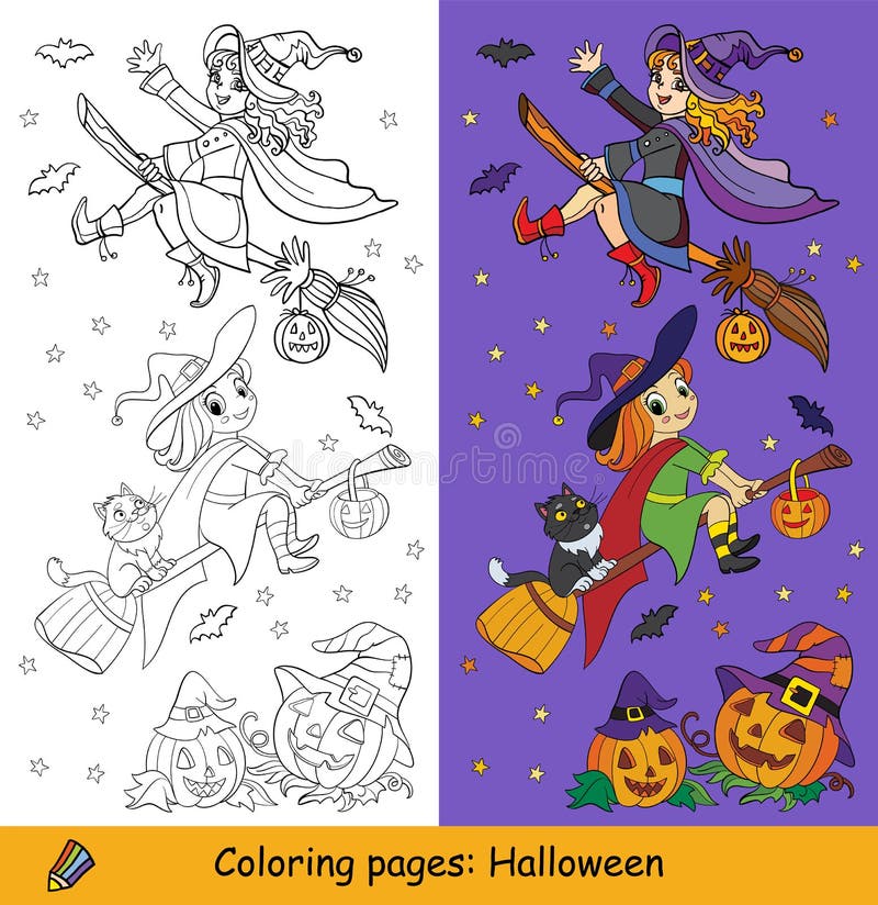 Cute little witches flying on a broomsticks in the night. Halloween concept. Coloring book page for children with colorful template. Vector cartoon illustration.For print, preschool education and game. Cute little witches flying on a broomsticks in the night. Halloween concept. Coloring book page for children with colorful template. Vector cartoon illustration.For print, preschool education and game