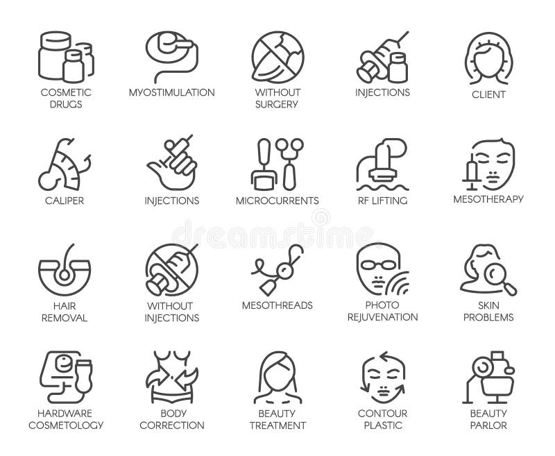 Set of 20 icons on cosmetology theme. Labels isolated. Beauty therapy, medicine, healthcare, wellness treatment linear symbols. Correction, rejuvenation, anti-aging procedure logo. Vector graphic. Set of 20 icons on cosmetology theme. Labels isolated. Beauty therapy, medicine, healthcare, wellness treatment linear symbols. Correction, rejuvenation, anti-aging procedure logo. Vector graphic