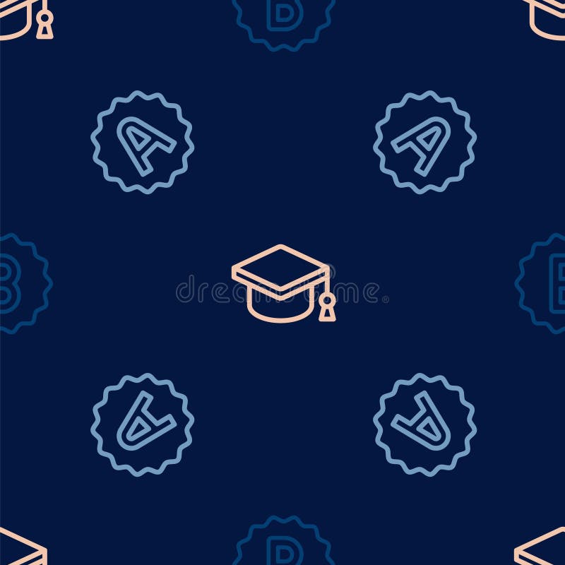 Set line Exam paper with incorrect answers sheet A plus grade and Graduation cap on seamless pattern. Vector. Set line Exam paper with incorrect answers sheet A plus grade and Graduation cap on seamless pattern. Vector.