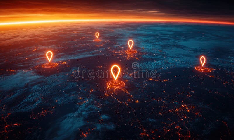 在日落天空上，用发光的位置标记空中观察地球 向量例证