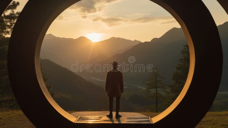 a man stands in a window, gazing out at a breathtaking valley as the sun sets in the distance. the image is captured in the style of the zeiss batis 18mm f28, creating a hypnotic symmetry and circular shapes. the scene evokes a sense of confucian ideology and swiss style, with a mysterious backdrop that adds to the overall ambiance. this photo captures a moment, AI generated. a man stands in a window, gazing out at a breathtaking valley as the sun sets in the distance. the image is captured in the style of the zeiss batis 18mm f28, creating a hypnotic symmetry and circular shapes. the scene evokes a sense of confucian ideology and swiss style, with a mysterious backdrop that adds to the overall ambiance. this photo captures a moment, AI generated